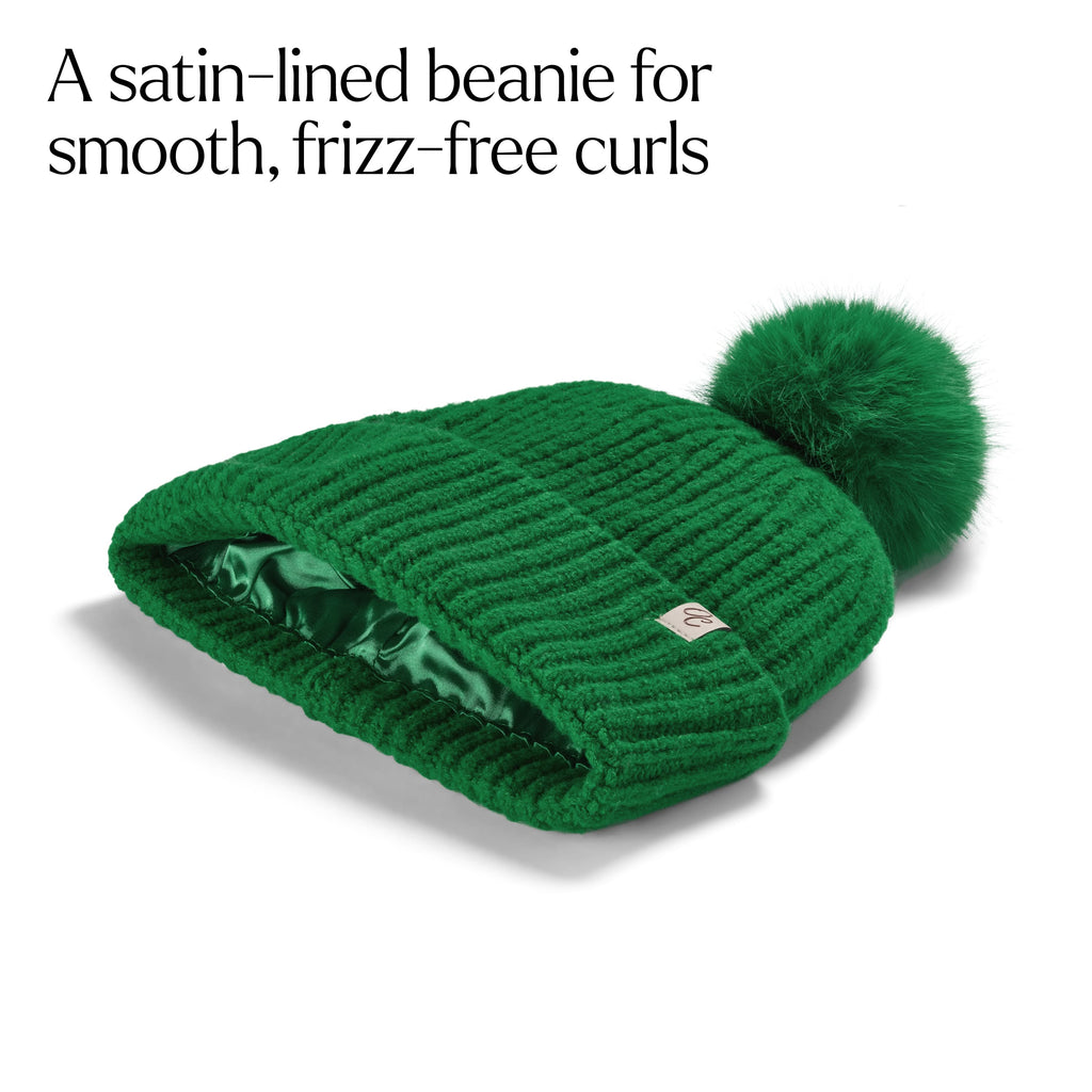 Only Curls Satin Lined Beanie with Pom - Carrie in Emerald Green - Only Curls