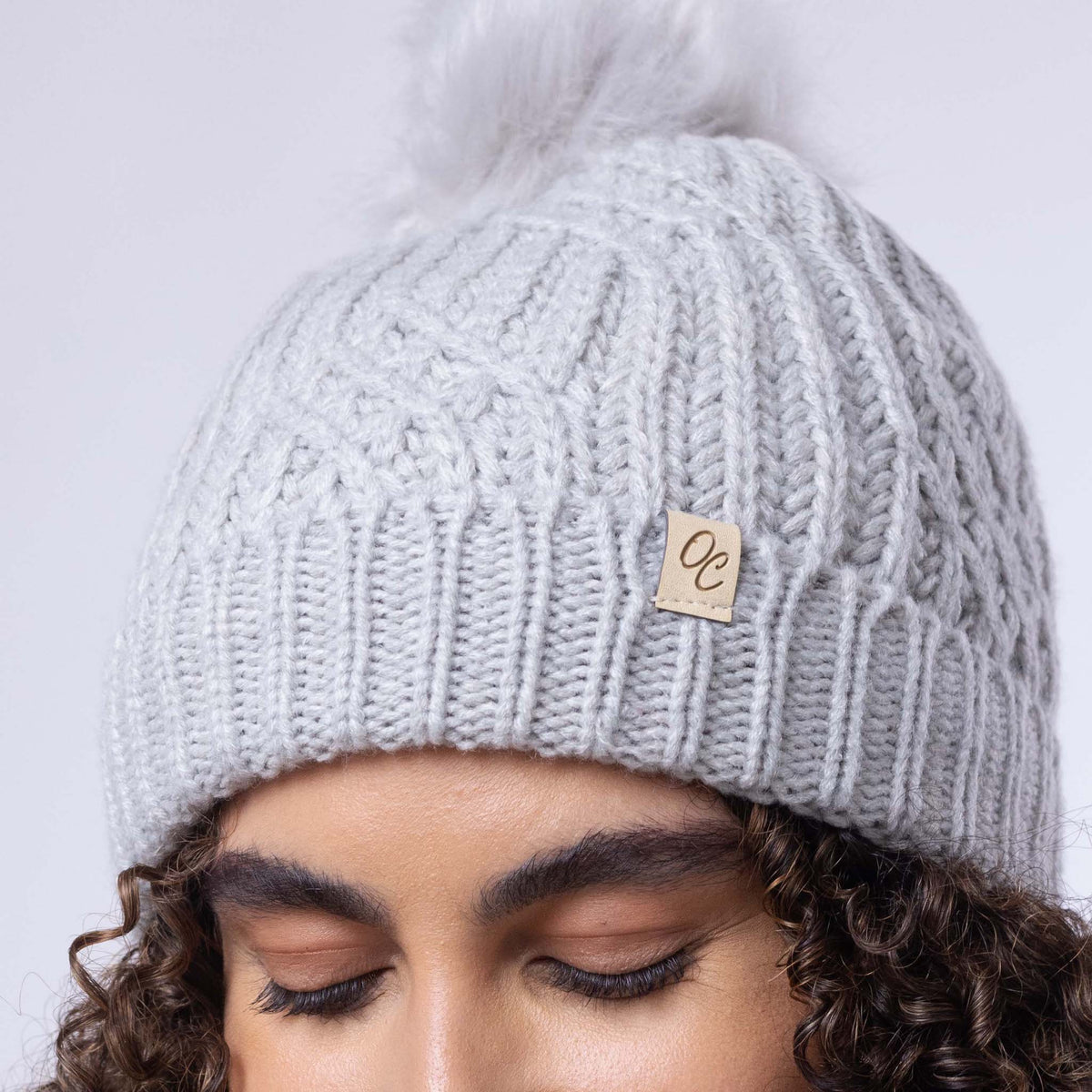 Only Curls Satin Lined Knitted Beanie Hat - Grey with Pom Pom