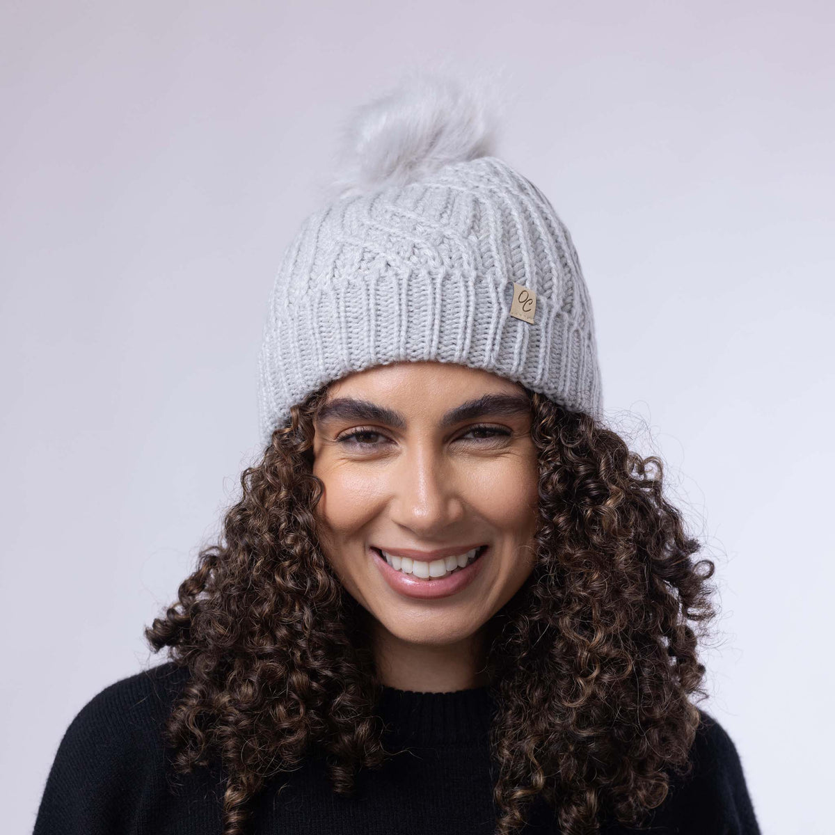 Only Curls Satin Lined Knitted Beanie Hat - Grey with Pom Pom