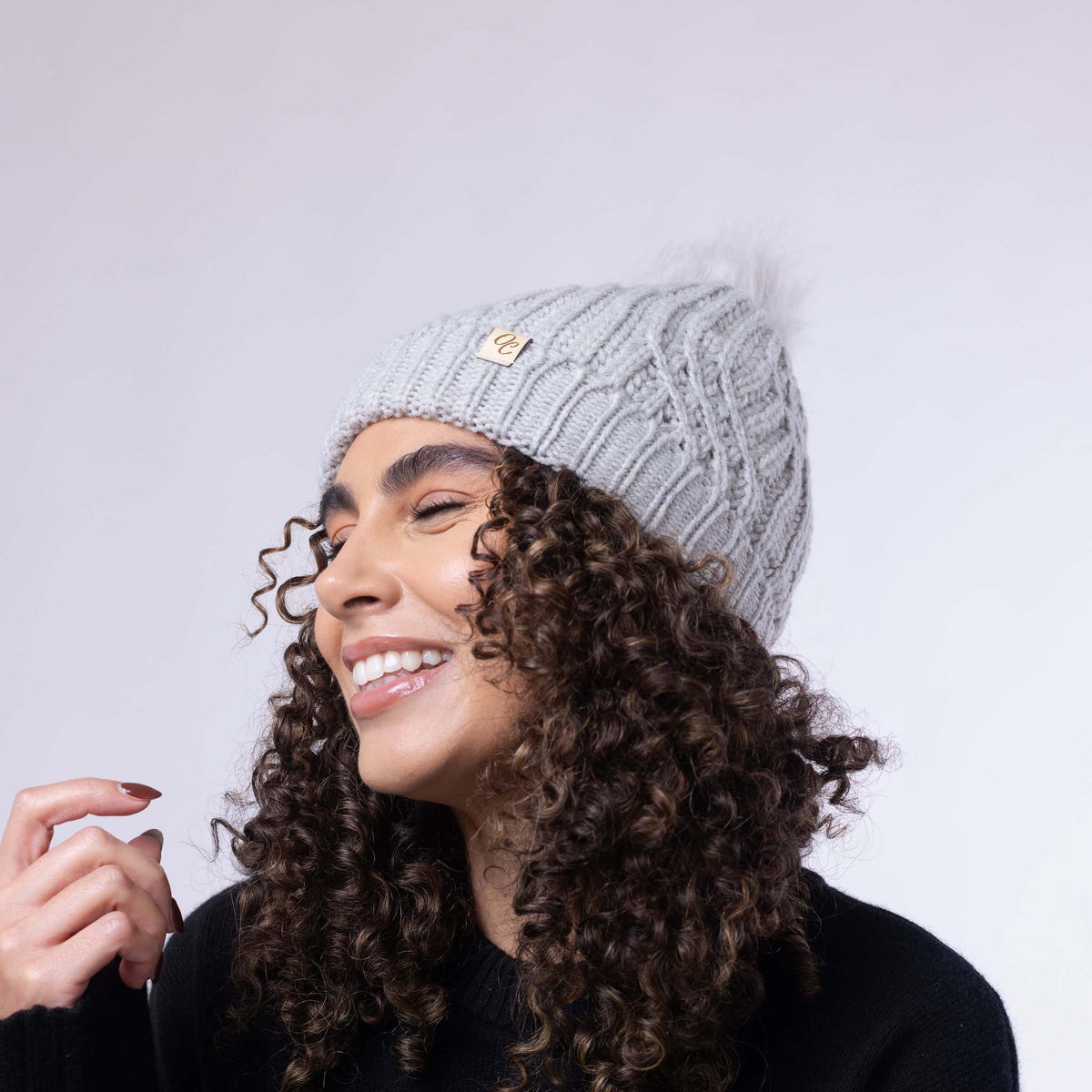 Only Curls Satin Lined Knitted Beanie Hat - Grey with Pom Pom