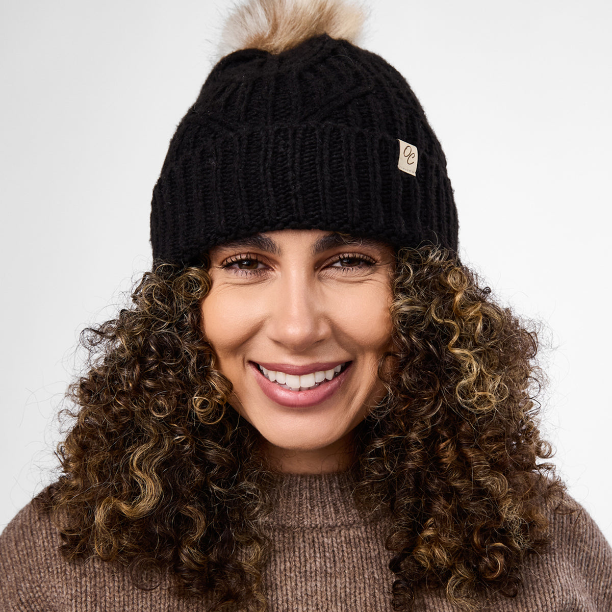 Only Curls Black Cable Knit Satin-Lined Beanie with Pom - Only Curls
