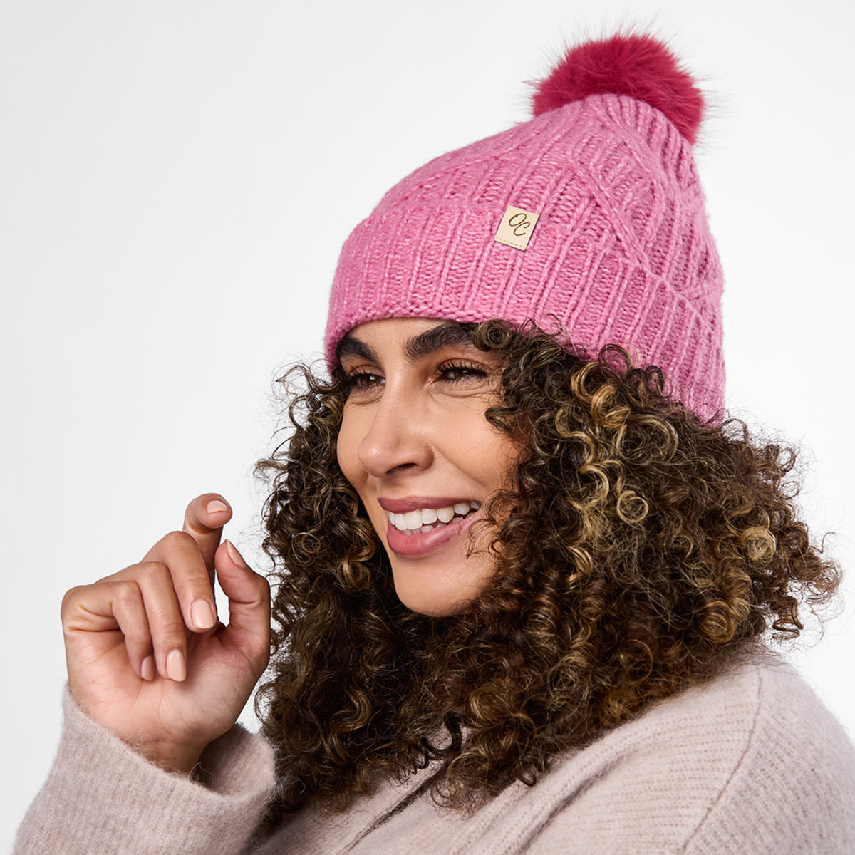 Only Curls Dusty Pink Cable Knit Satin-Lined Beanie - Only Curls
