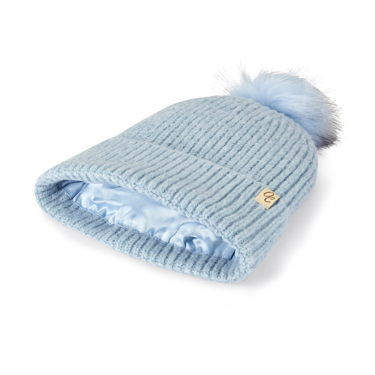 Only Curls Satin Lined Beanie with Pom - Carrie in Light Blue