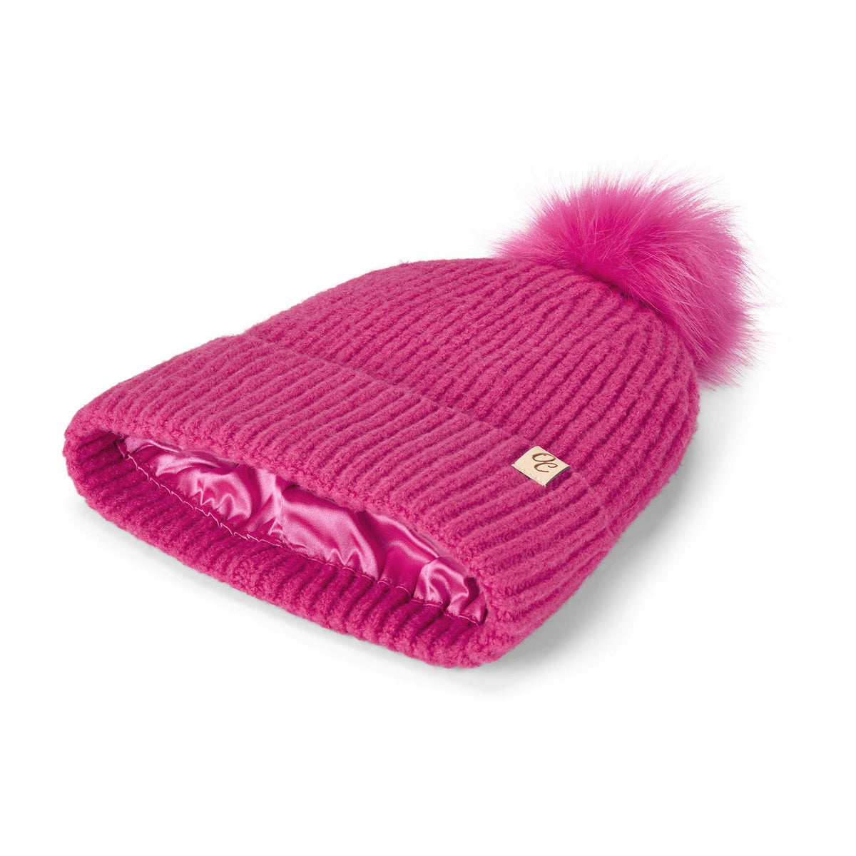 Only Curls Satin Lined Beanie with Pom - Carrie in Hot Pink