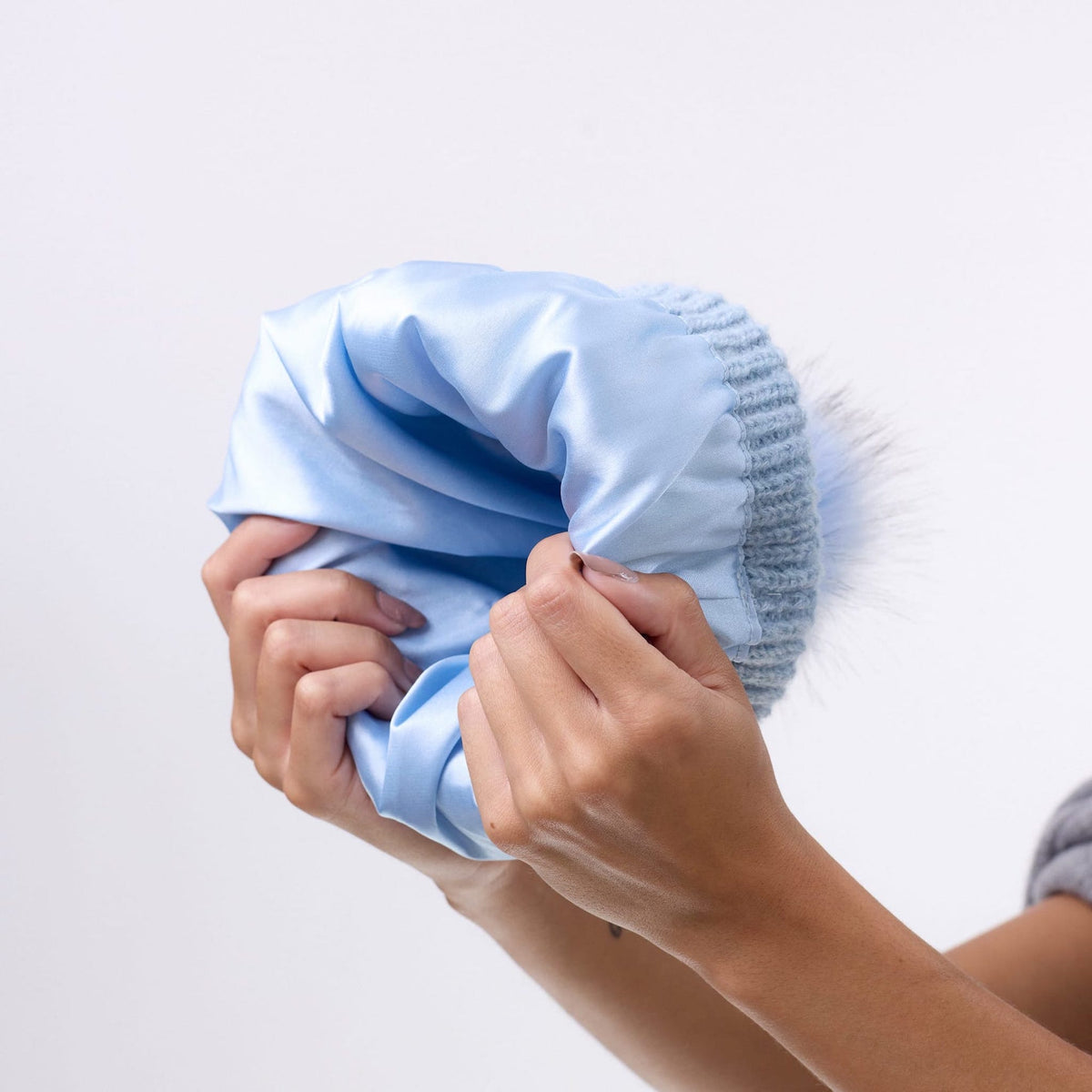 Only Curls Satin Lined Beanie with Pom - Carrie in Light Blue