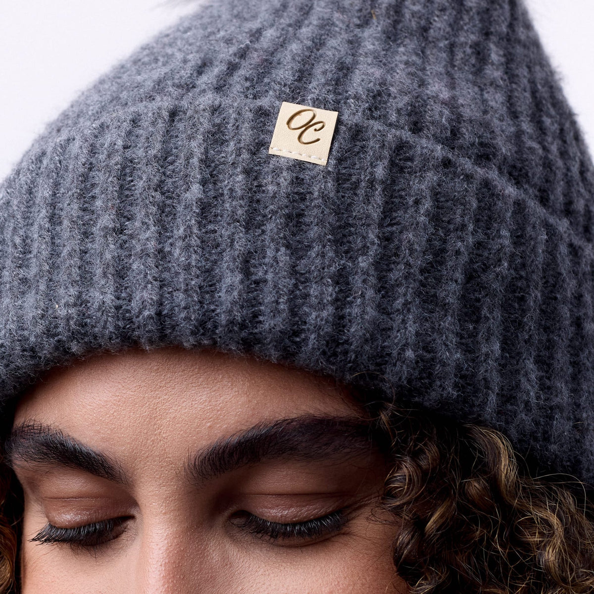 Only Curls Satin Lined Beanie with Pom - Carrie in Dark Grey