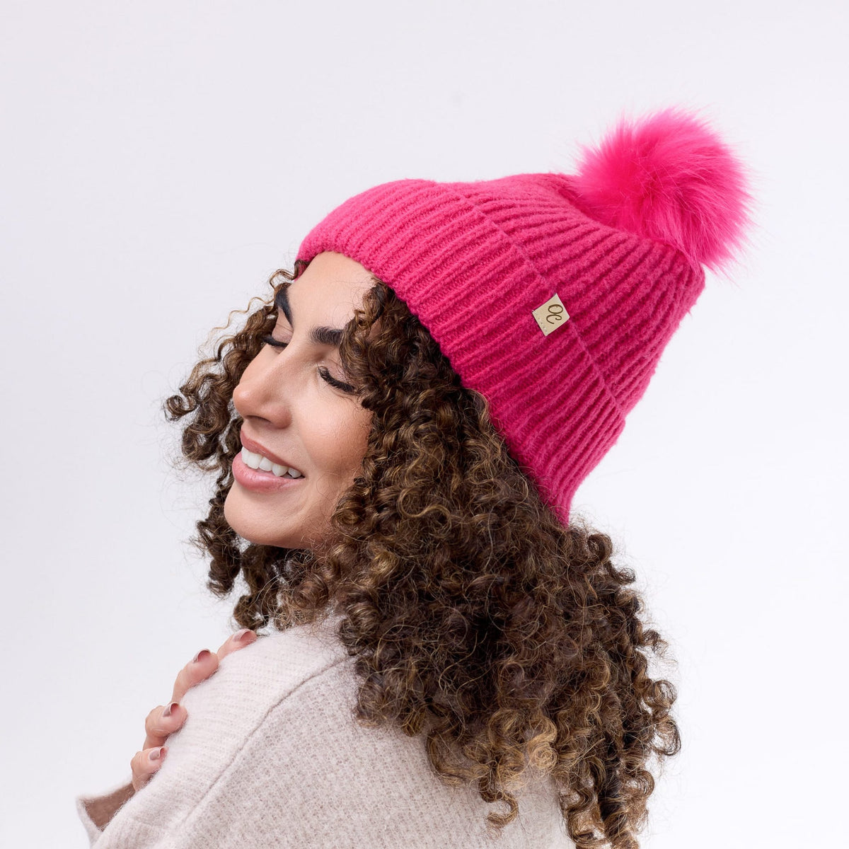 Only Curls Satin Lined Beanie with Pom - Carrie in Hot Pink