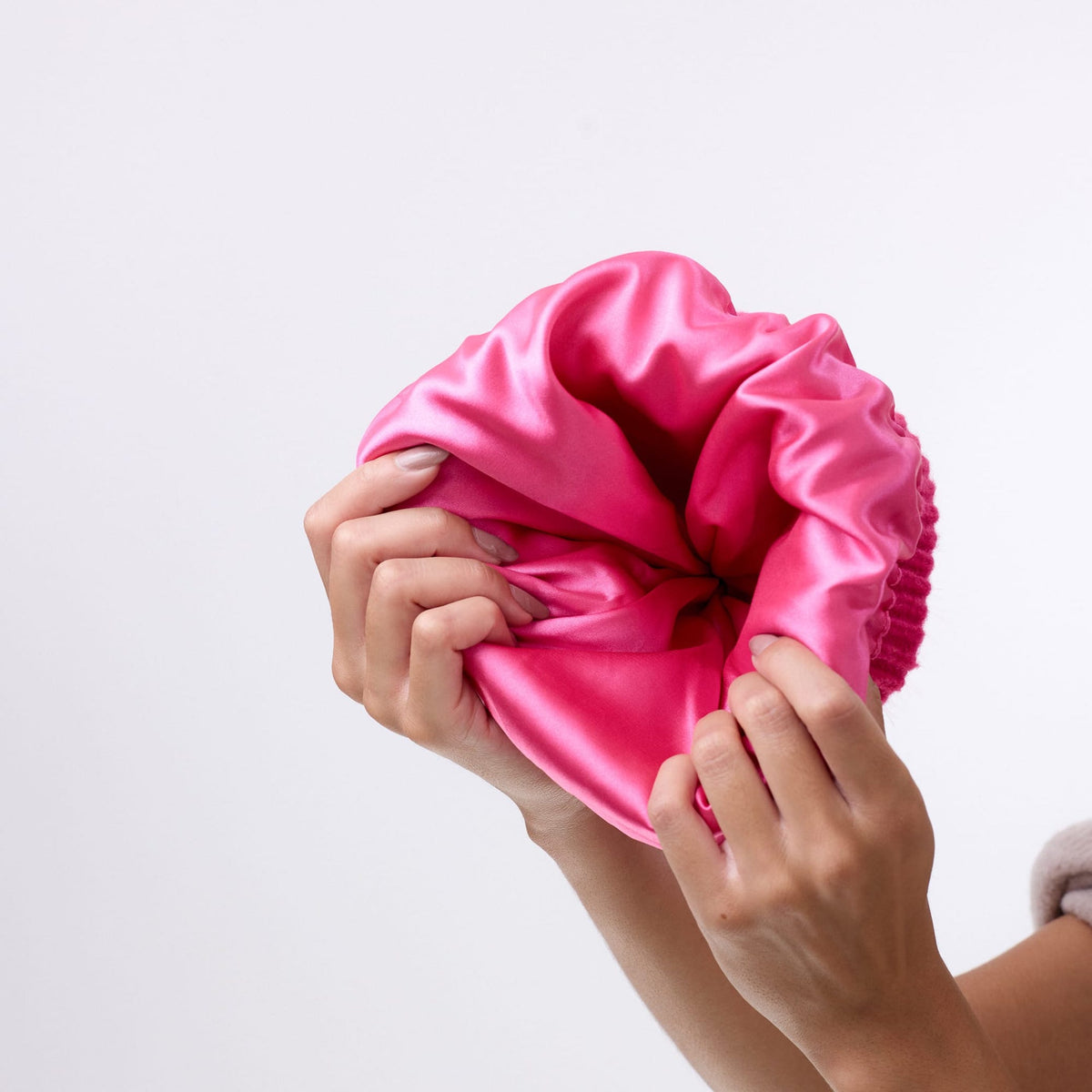 Only Curls Satin Lined Beanie with Pom - Carrie in Hot Pink