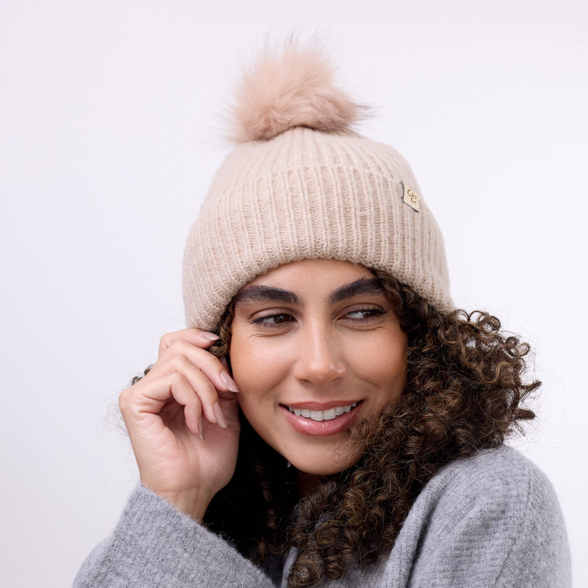 Only Curls Satin Lined Beanie with Pom - Carrie in Sand