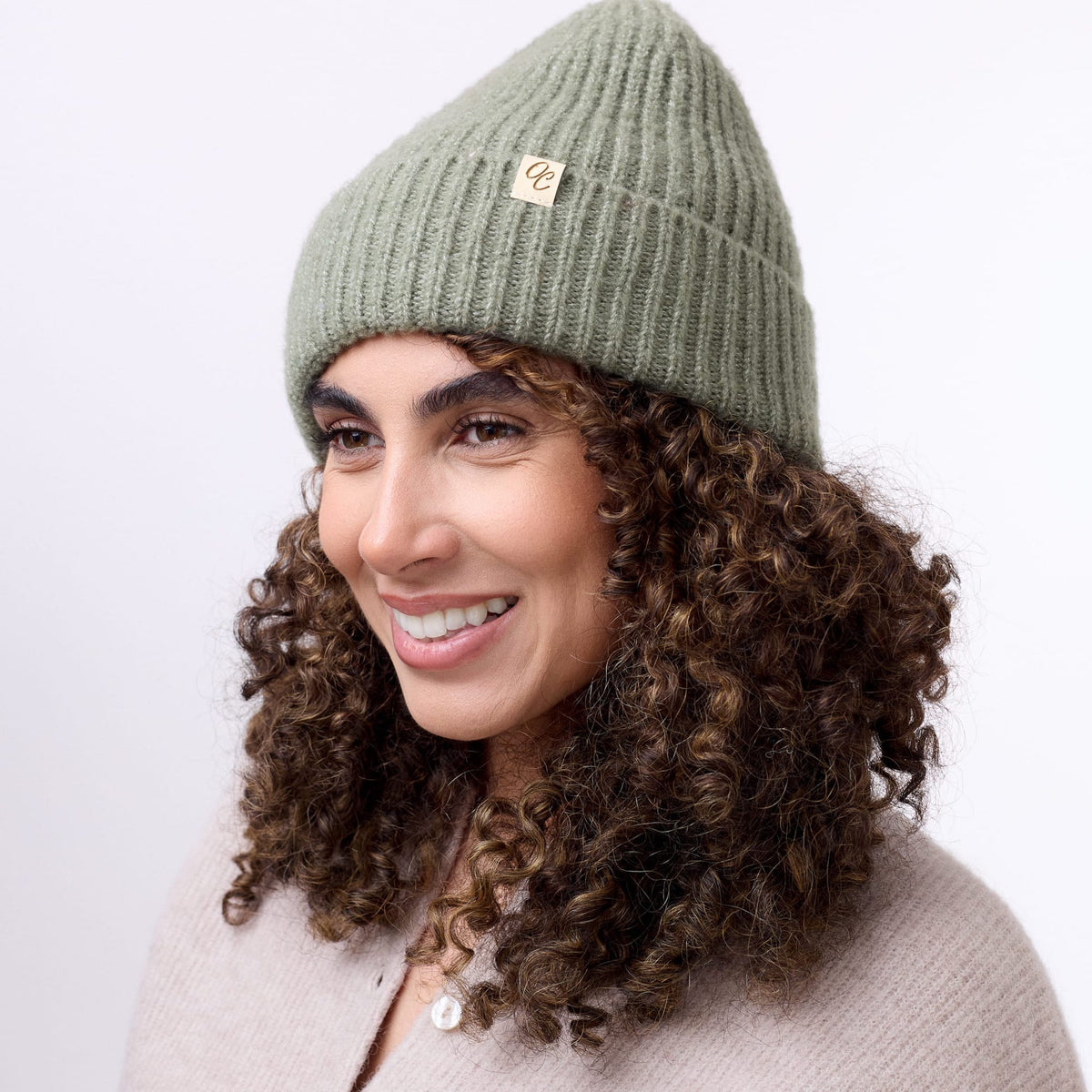 Only Curls Satin Lined Beanie - Ella in Olive