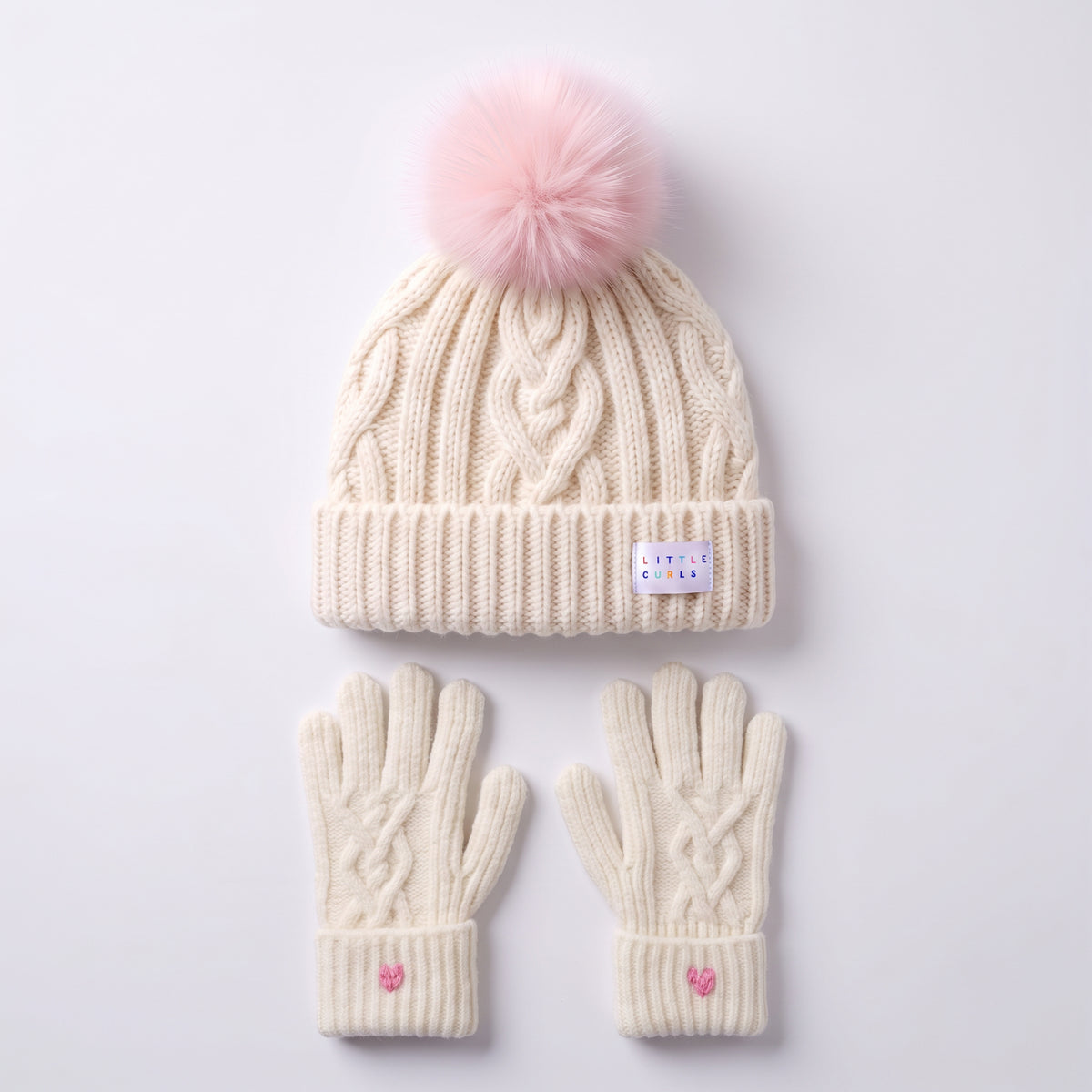 Little Curls Ivory Cable Knit Satin-Lined Beanie & Glove Set - Only Curls