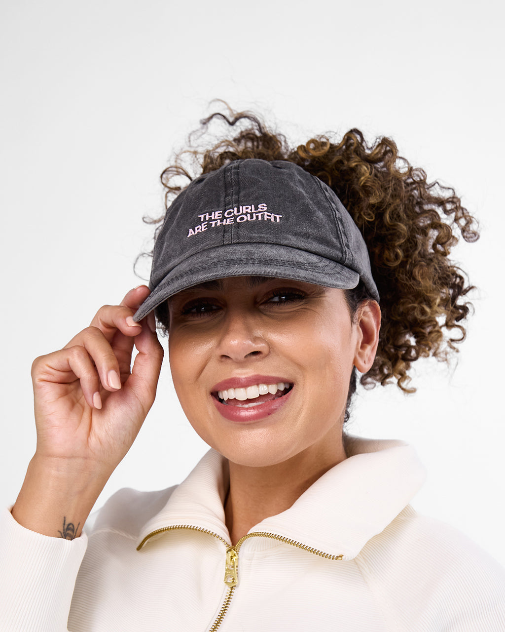Satin Lined Baseball Hat (open back) - Washed Black The Curls Are The Outfit