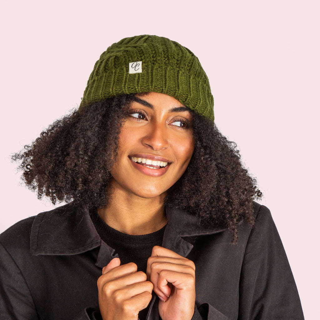 Only Curls Satin Lined Knitted Beanie Hat - Olive - Only Curls