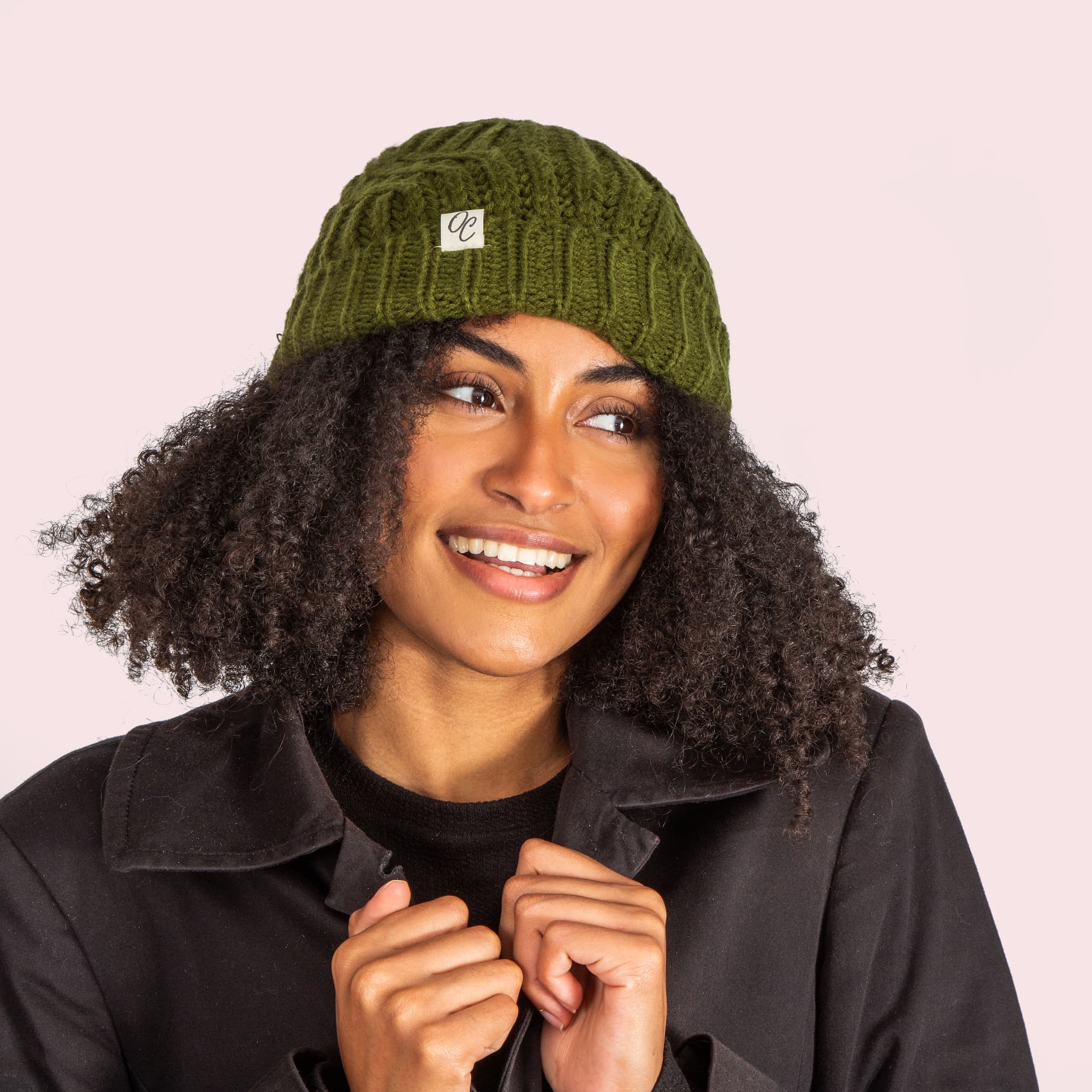 Only Curls Satin Lined Knitted Beanie Hat - Olive - Only Curls